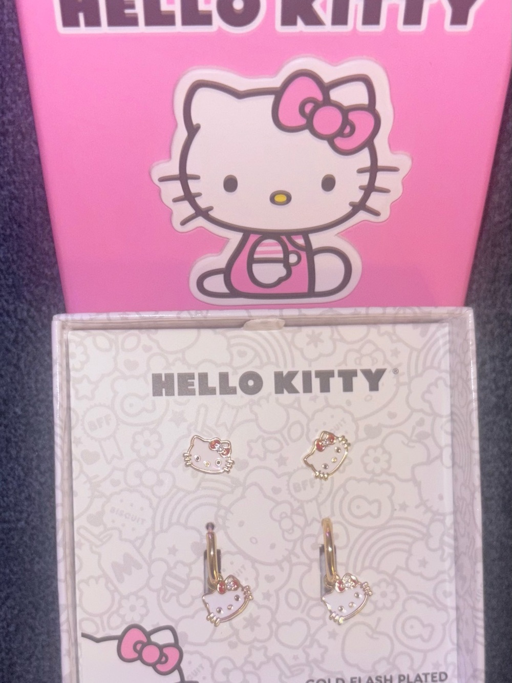 Sanrio Hello Kitty Pink & Gold Kids Earring Set Studs and Hoops - Picture 2 of 4